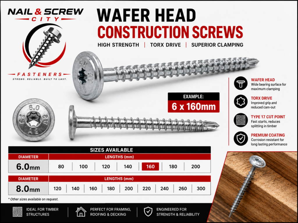 Wafer head construction screws
